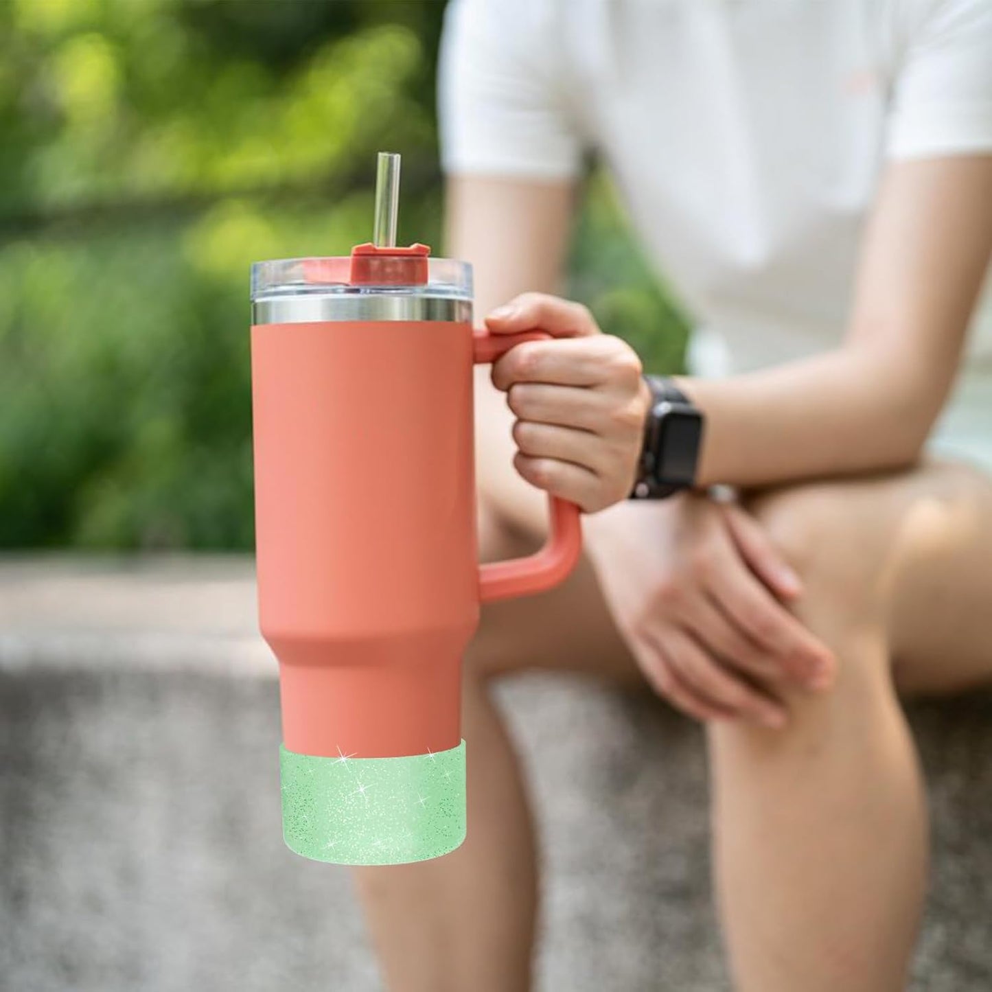 Upgrade 2PCS Protective Silicone Boot Bumper for Stanley Quencher Adventure 40oz 30oz IceFlow 20oz 30oz Tumbler, Water Bottle Bottom Sleeve Cover Accessories for Stanley Mug Cup(Glitter Green)