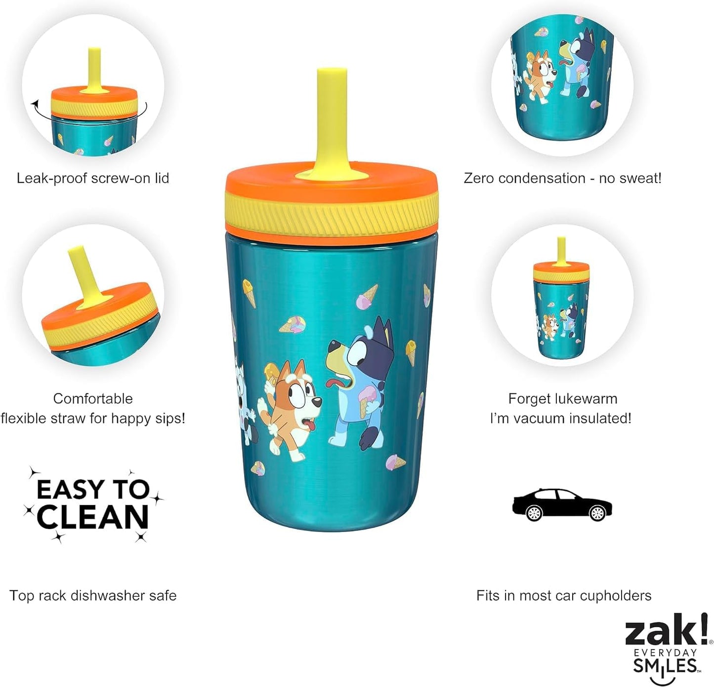 Zak Designs Bluey Kelso Tumbler Set, Leak-Proof Screw-On Lid with Straw, Bundle for Kids Includes Plastic and Stainless Steel Cups with Bonus Sipper, 3pc Set (Pack of 12)