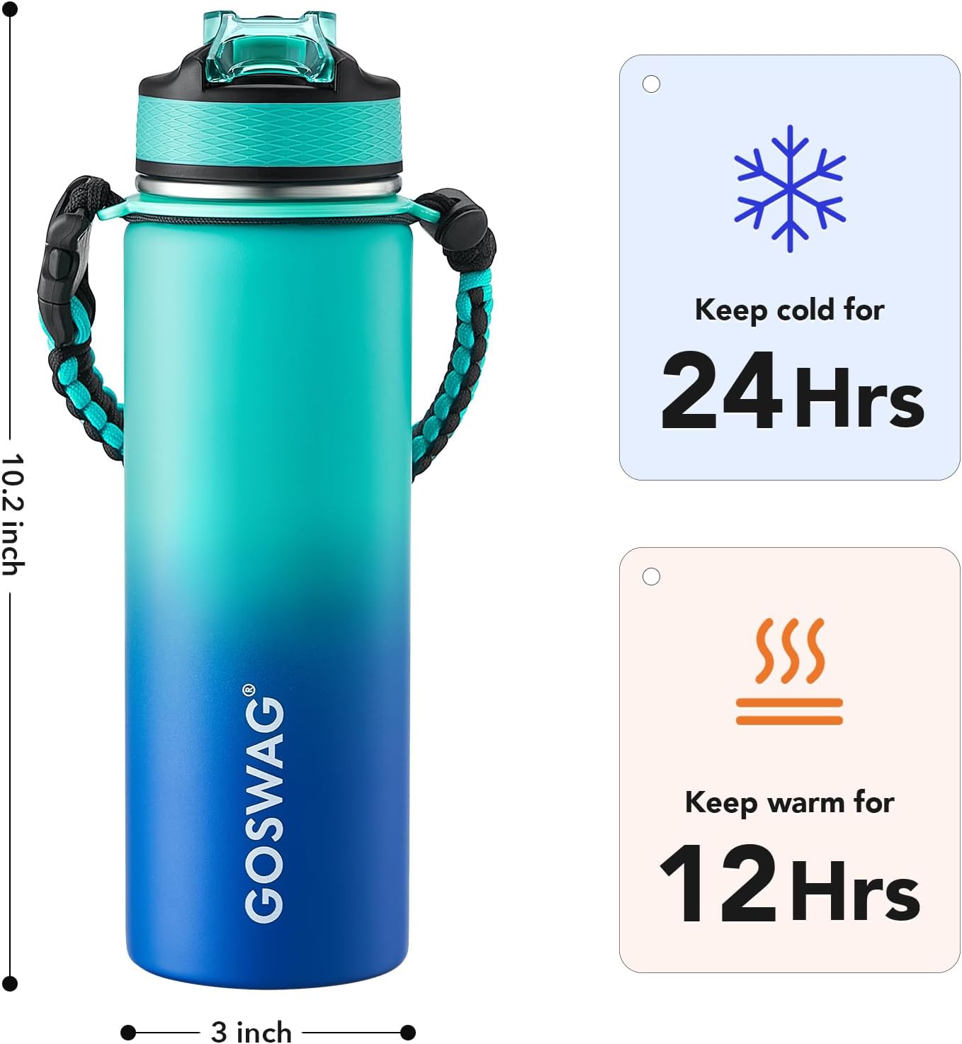 GOSWAG Insulated Sports Water Bottle, 24oz 2 Lids(with Straw/No Straw), Stainless Steel Water Bottles with Paracord Handle, Insulated Bottle with Double-Wall Vacuum Insulation