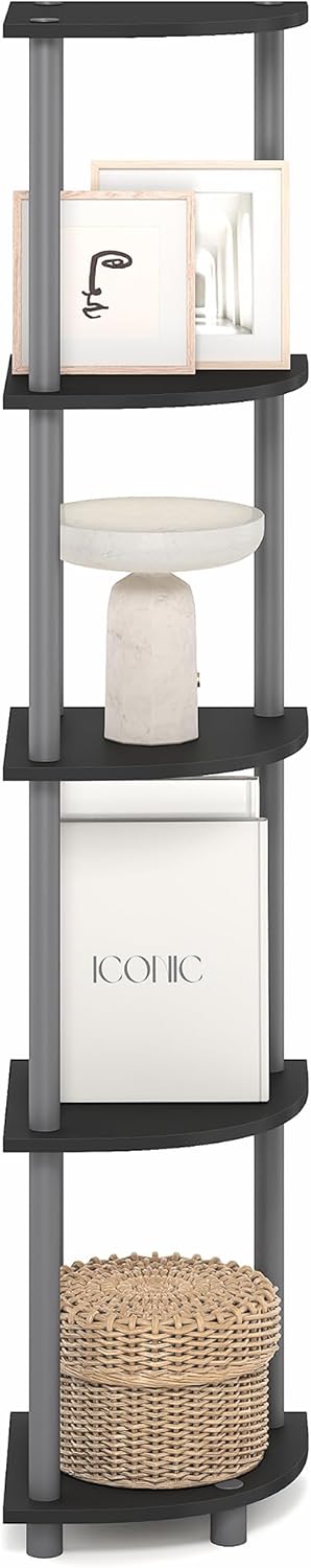 Furinno Turn-N-Tube Corner Shelf, 5-Tier Corner Bookshelf, Open Storage Shelves, for Organization and Storage, Living Room, Home Office, Garage, Bedroom, Plain Black