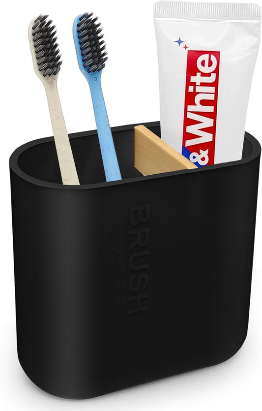 Toothbrush Holder with Bamboo Divider,Detachable for Easy Cleaning Multi-Functional Storage,2 Slots Electric Toothbrush and Toothpaste Organizer Caddy for Bathroom Vanity,Sink,Countertop (Black)