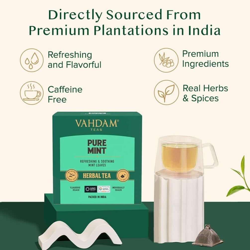 VAHDAM, Pure Mint Herbal Tea (15 Pyramid Tea Bags) Caffeine Free | Blend of Spearmint & Peppermint - Sweet & Minty | Resealable Ziplock Pouch