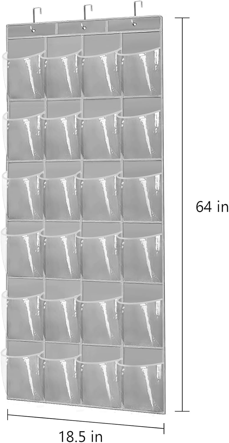 Over The Door Shoe Organizer - Space Saving Shoe Rack for Closet Door with 24 Pockets and Hook, Shoe Holder Back of Door Organizers for Shoes, Gray Hanging Shoe Organizer (Gray)