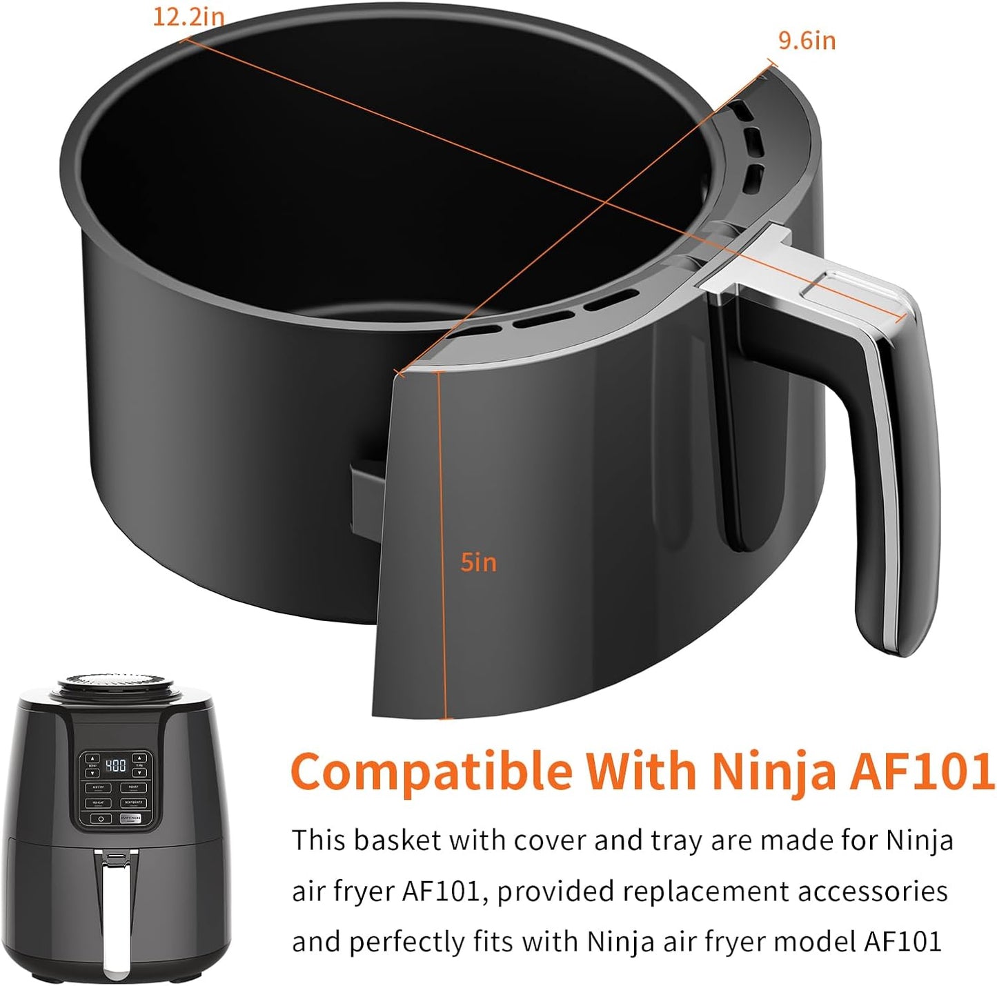 Air Fryer Replacement Basket and Tray for Ninja AF101, Air Fryer Accessories for Ninja AF101, Non-Stick 4 Qt Basket with Cover and Grill Pan, Dishwasher-Safe Replacement Parts