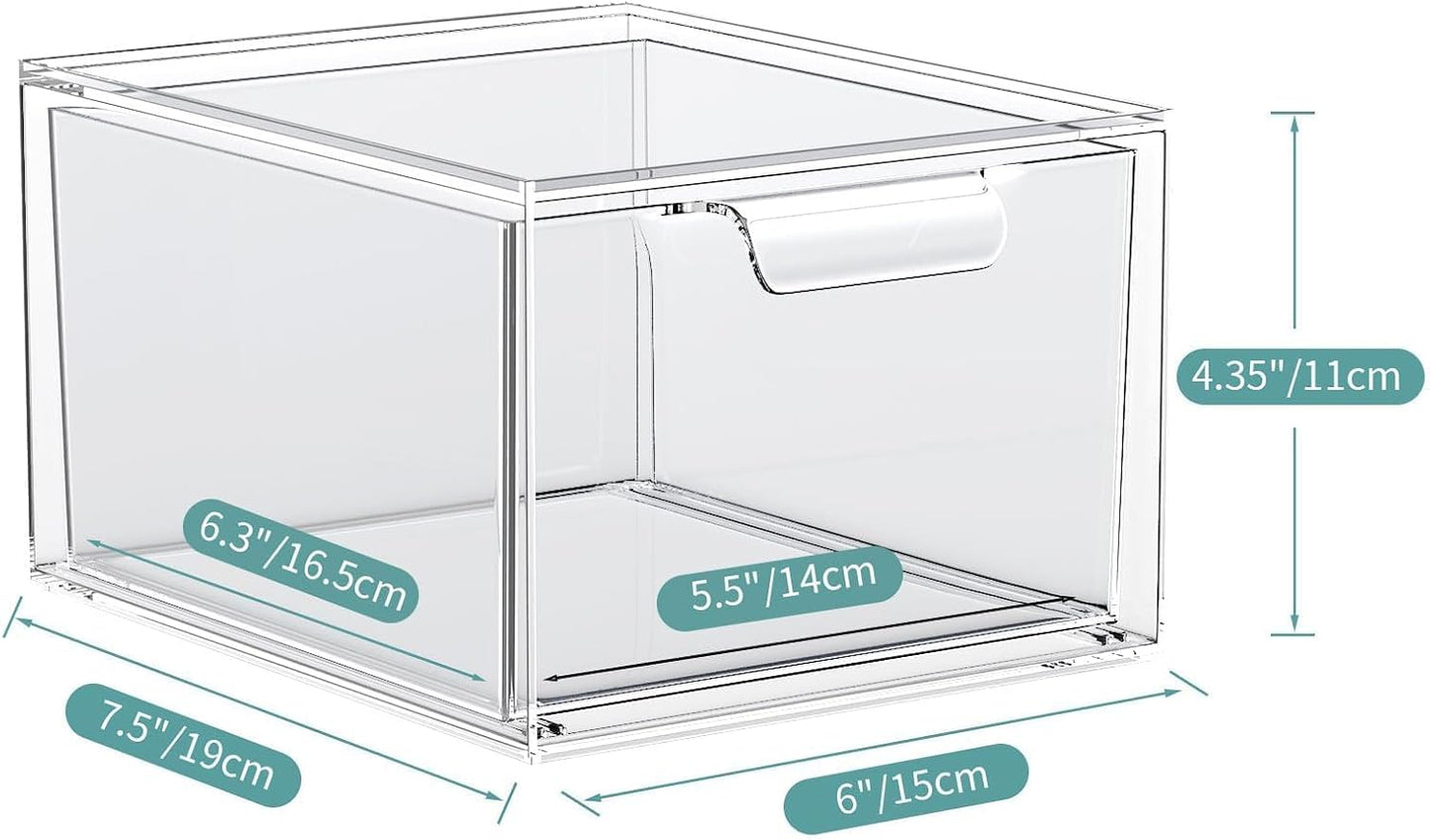 4 Pack Stackable Makeup Organizer and Storage, Acrylic Organizers，Clear Plastic Storage Drawer with Handles for Vanity, Undersink, Kitchen Cabinets, Pantry