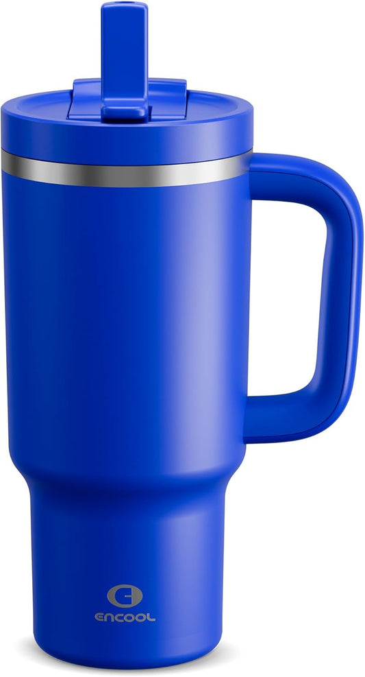 32 oz Tumbler with Handle and Straw: Stainless Steel Insulated Tumbler Keeps Cold for 24 Hours, Leakproof Travel Cup Fits in Cup Holder and BPA-Free,Royal Blue