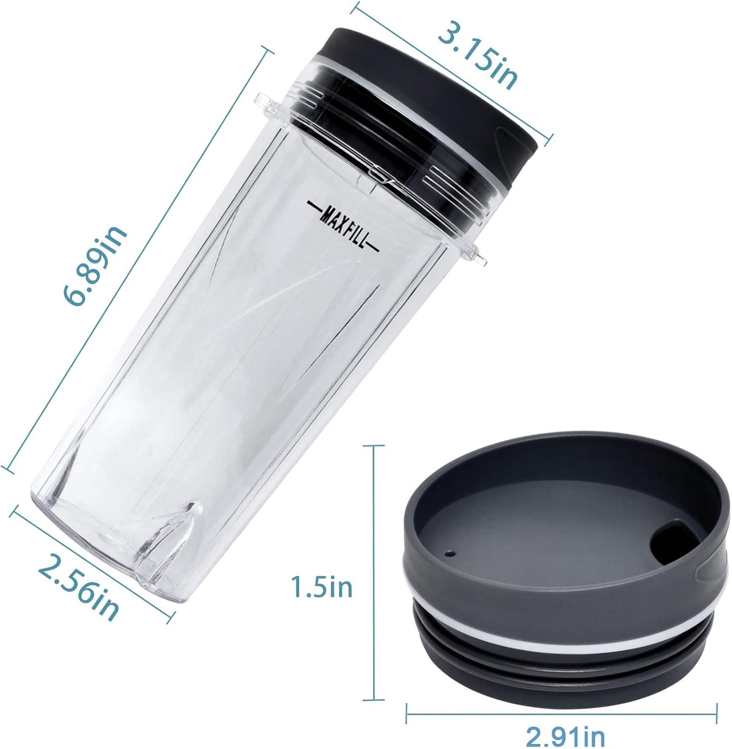 16oz Blender Cup Set Compatible with Ninja Replacement Parts, Single Serve Blender Cups+Sip & Seal lids for QB3001SS Fit Compact Personal QB3000 BL660 BL740 BL770 BL780 BL810