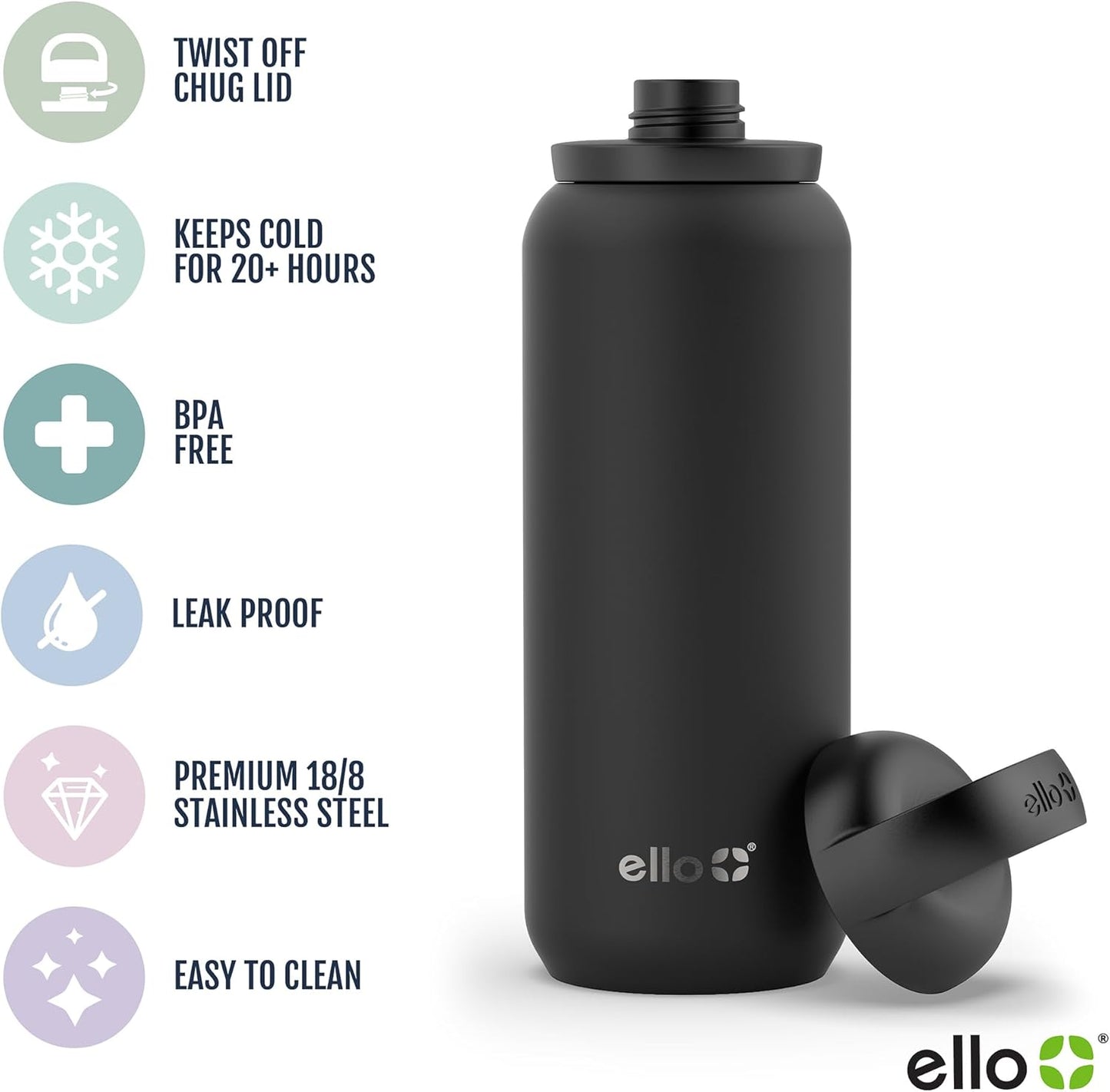 Ello Cooper Twist 32oz Stainless Steel Water Bottle with Chug Lid | Leak Proof | Double Walled and Vacuum Insulated | Built in Carry Loop | Dishwasher Safe | Bubblegum Pink