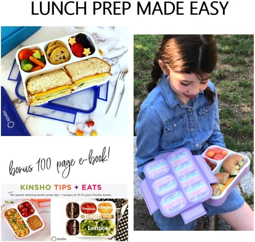 kinsho Bento-Box Lunch-Box Kids, Meal Boxes and Snack Containers for Boys & Girls for School, Includes Utensils, BPA Free (Purple Rainbow Unicorn + Blue Black Camo, 2 Pack Set)