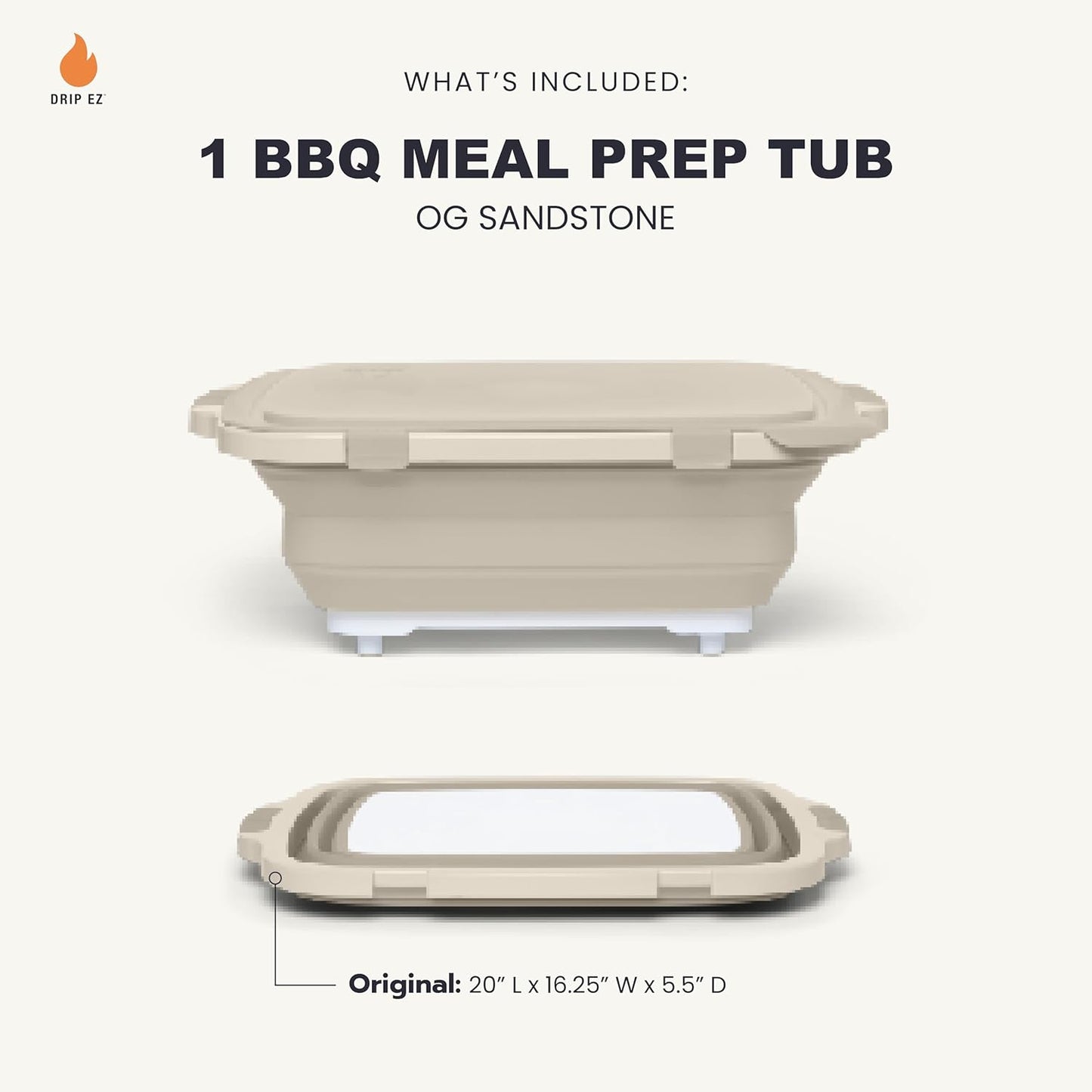Drip EZ Collapsible BBQ Prep Tub - For Meal Prep, Marinating, Food Storage - Includes Cutting Board & Locking Lid - (1) OG - Sandstone
