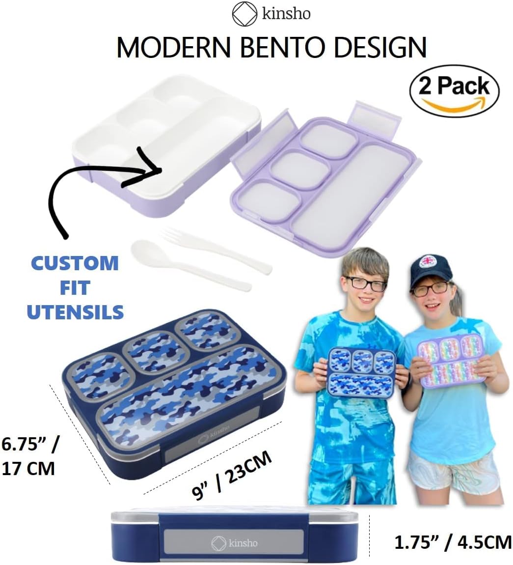 kinsho Bento-Box Lunch-Box Kids, Meal Boxes and Snack Containers for Boys & Girls for School, Includes Utensils, BPA Free (Purple Rainbow Unicorn + Blue Black Camo, 2 Pack Set)