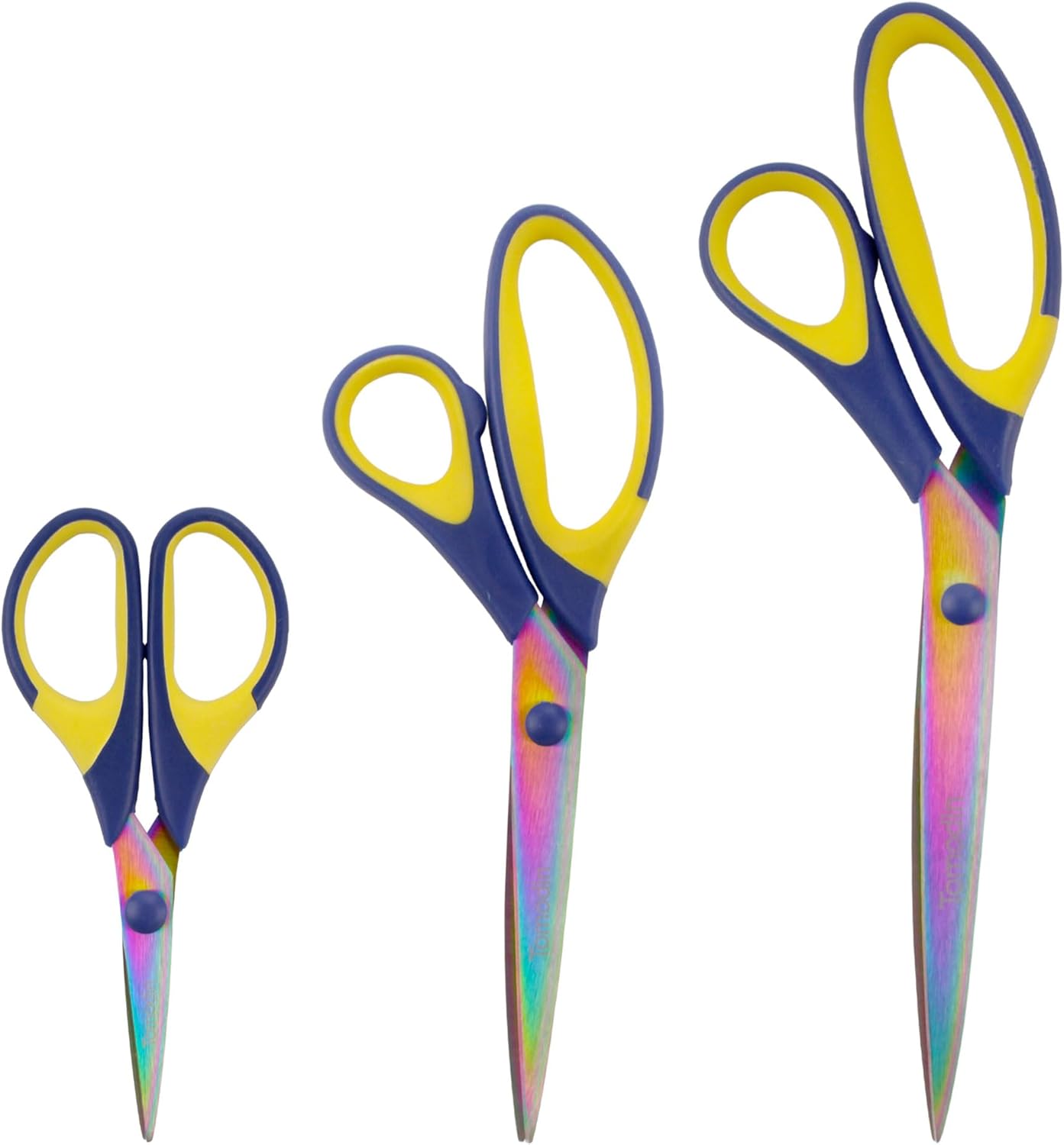 BambooMN Titanium Softgrip Scissors Set for Sewing, Arts, Crafts, Office - Blue w/Yellow - 30 Sets of 3
