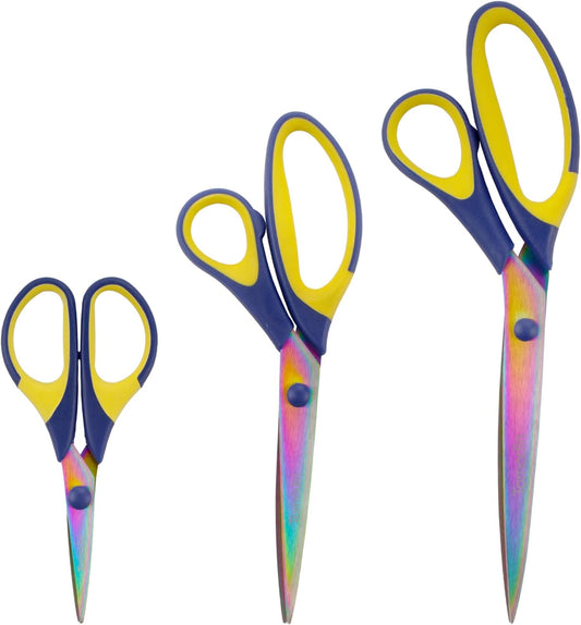 BambooMN Titanium Softgrip Scissors Set for Sewing, Arts, Crafts, Office - Blue w/Yellow - 30 Sets of 3