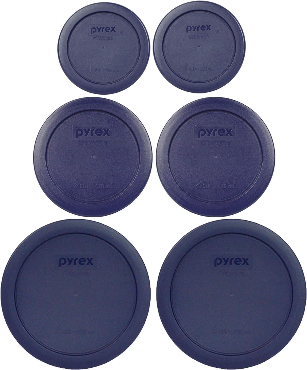 Pyrex (2) 7202-PC 1-Cup, (2) 7200-PC 2-Cup, & (2) 7201-PC 4-Cup Blue Food Storage Replacement Lids - Made in USA