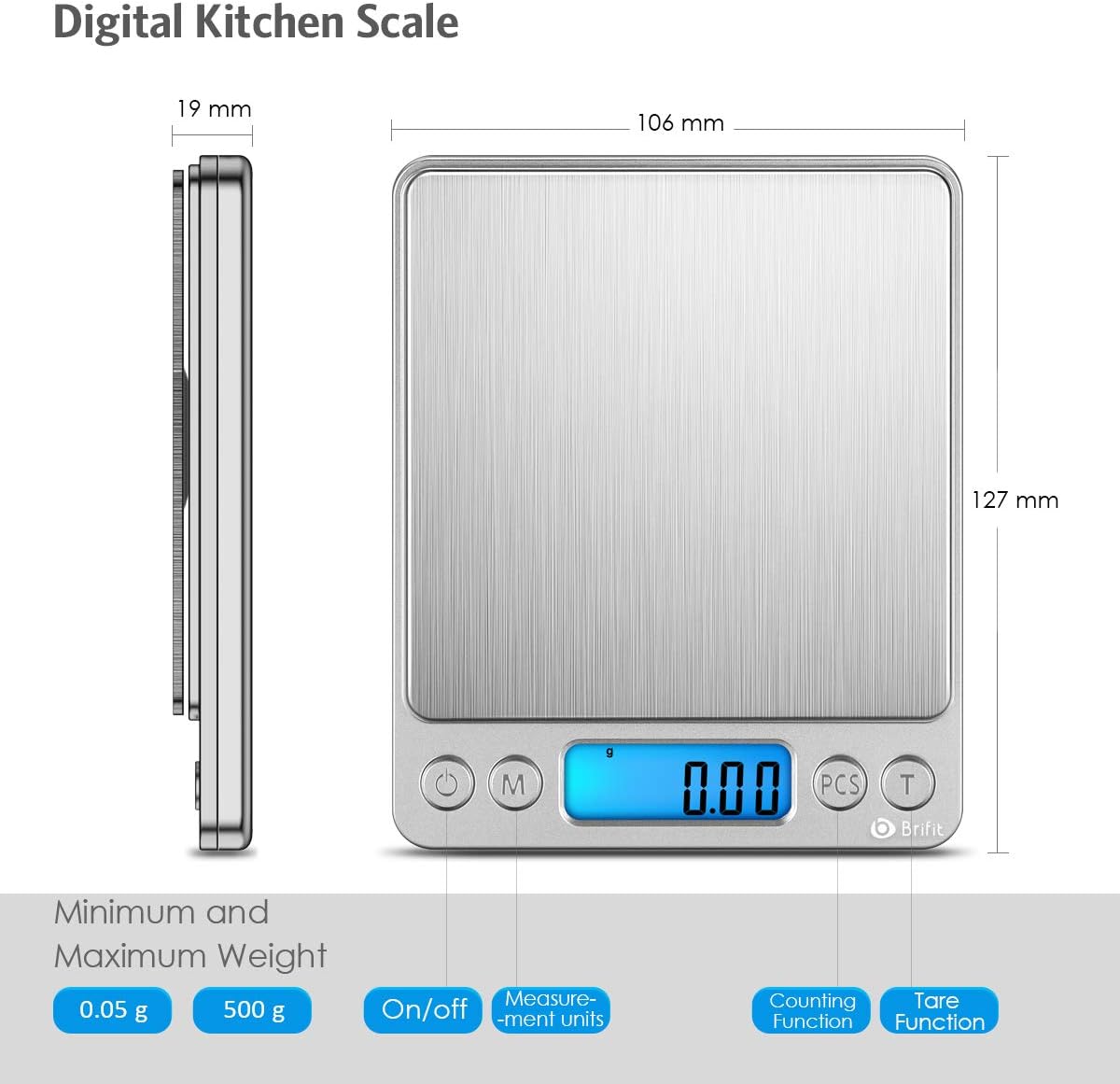 (New) AMIR Digital Kitchen Scale, 500g/ 0.01g Mini Pocket Jewelry Scale, 100g Calibration Weight, Cooking Food Scale, Back-Lit LCD Display, 2 Trays, 6 Units, Auto Off, Tare, PCS, Stainless Steel
