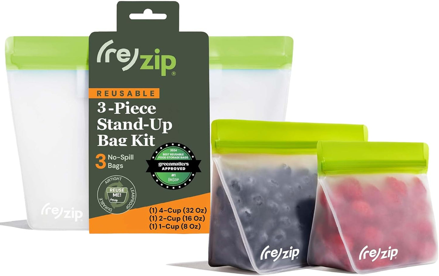(re) zip 3-Piece Stand-Up Reusable Bag Kit | BPA-Free, Food Grade, Leakproof, Freezer and Dishwasher Safe | Quart (1), 2-Cup (1), Snack (1) | Green