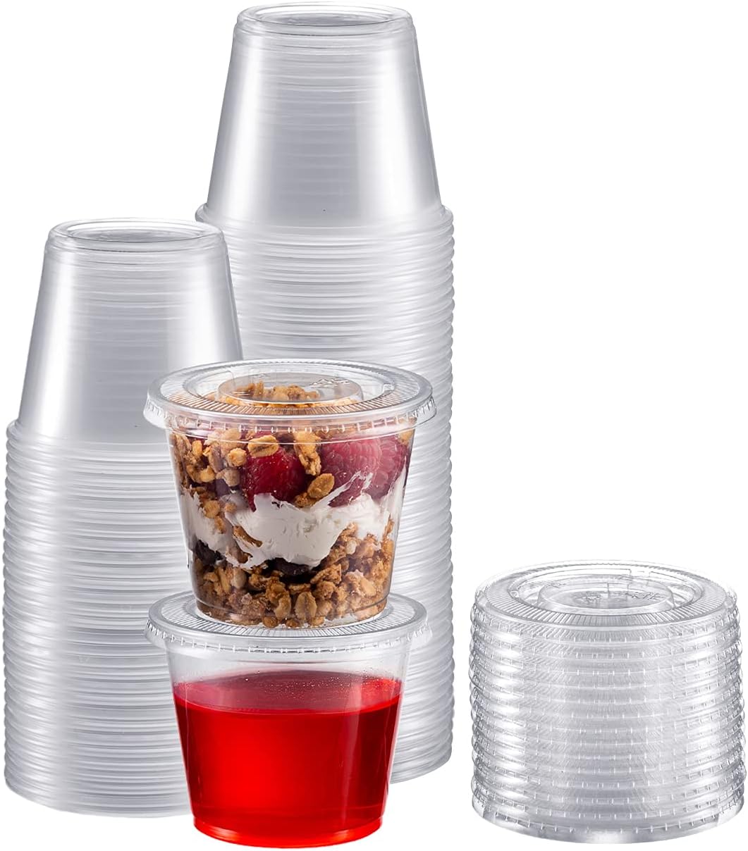 Portion Cups with Lids (5.5 Ounces, 100 Pack) | Disposable Plastic Cups for Meal Prep, Portion Control, Salad Dressing, & Medicine | Small Plastic Condiment Container