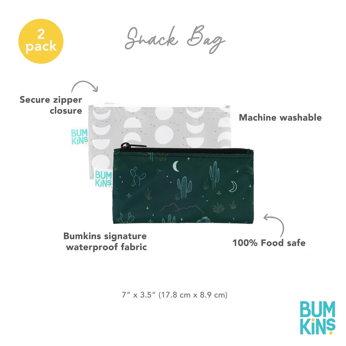 Bumkins Reusable Snack Bags, for Kids School Lunch and for Adults Portion, Washable Fabric, Waterproof Cloth Zip Bag, Supplies Travel Pouch, Food-Safe Storage, 2-pk Desert Night Dk. Green and Gray