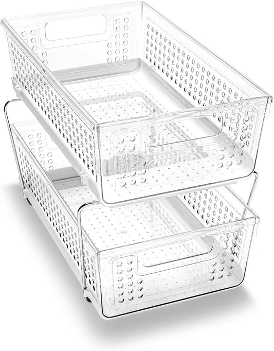 madesmart 2-Tier Organizer, Multi-Purpose Slide-Out Storage with Handles and Dividers for Home and Bath, Easy Assembly, BPA Free, Clear