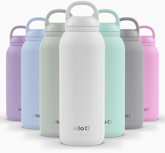 Ello Cooper Twist 40oz Stainless Steel Water Bottle with Chug Lid | Leak Proof | Double Walled and Vacuum Insulated | Built in Carry Loop | Dishwasher Safe | White