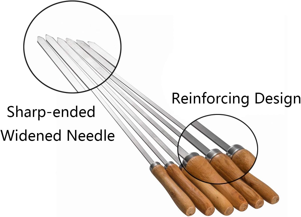 IMEEA Flat Skewers for Kabobs Stainless Steel Kebab Skewers for Grilling 16.5 Inch Barbecue Skewers with Nonslip Wooden Handle, Set of 12