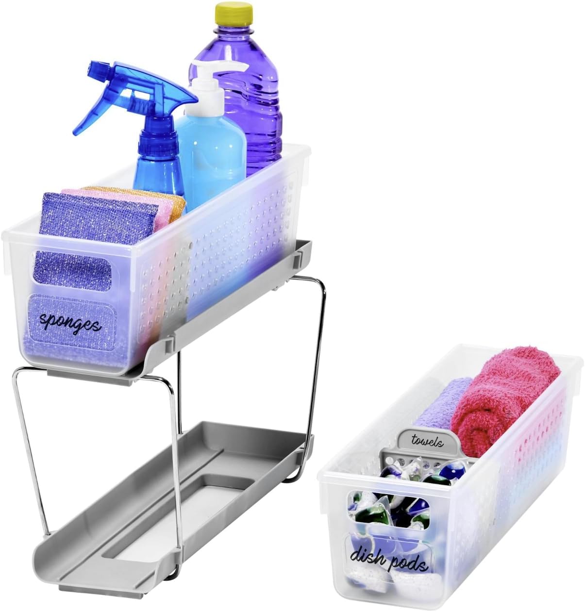 Madesmart 2-Tier Plastic Mini Multipurpose Organizer with Divided Slide-Out Storage Bins, Compact Under Sink and Cabinet Organizer Rack, Frost