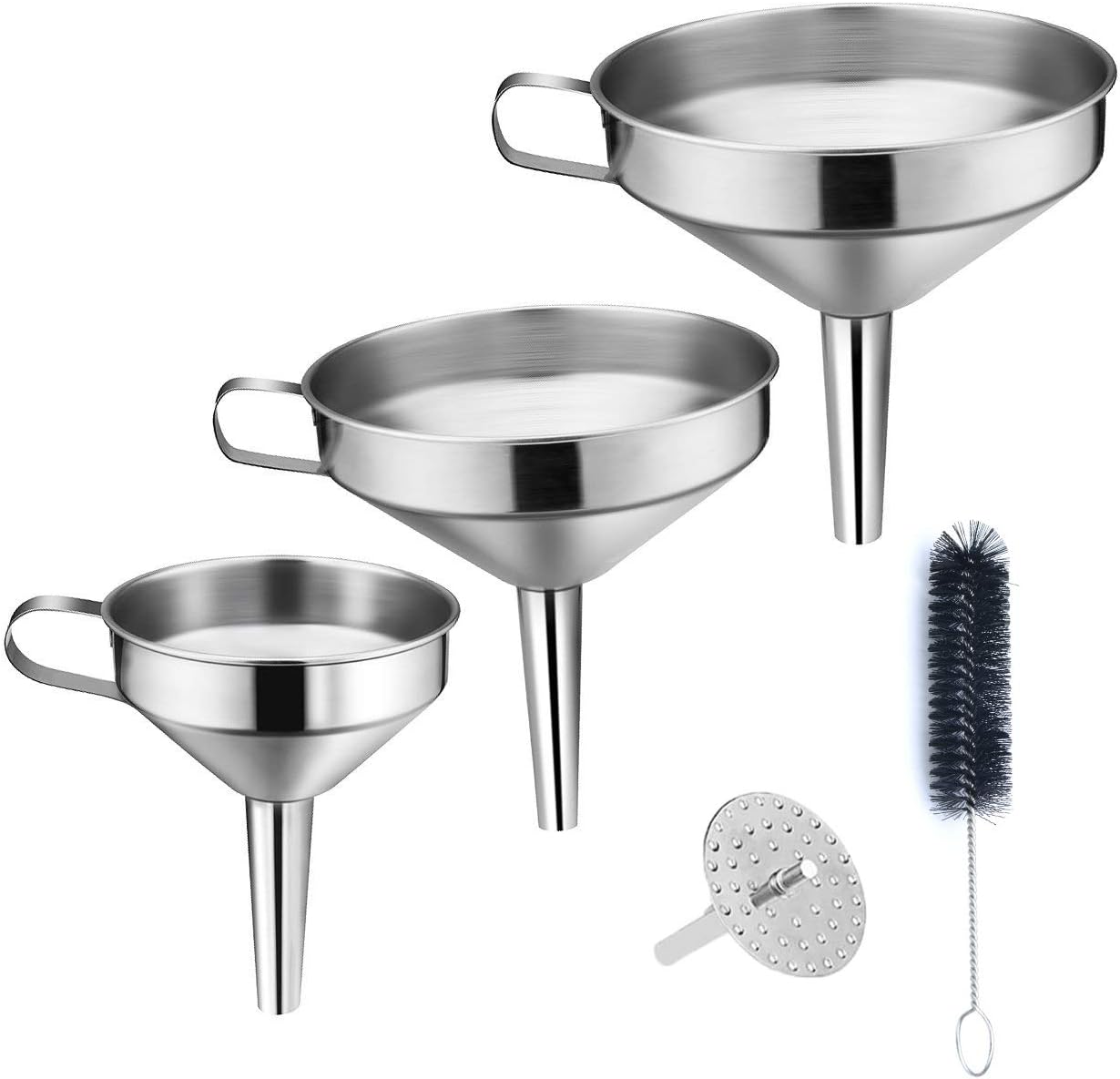 Kitchen Funnel, 3 Piece Stainless Steel Funnels Set with Handle Design and Removable Strainer, Great for Transferring of Liquid, Fluid, Dry Ingredients & Powder, Funnels for Filling Bottles