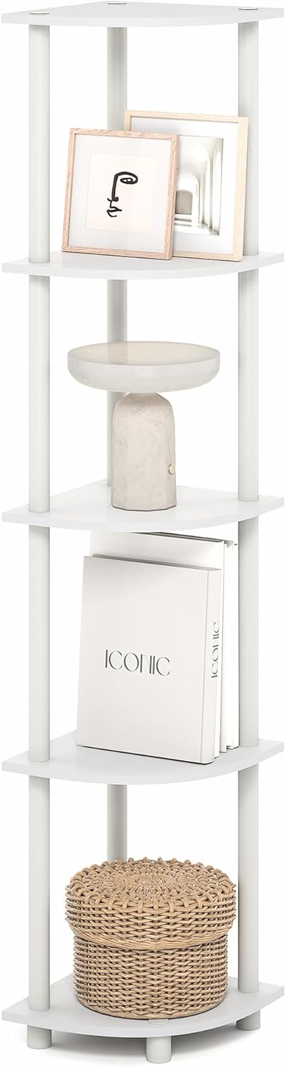 Furinno Turn-N-Tube Corner Shelf, 5-Tier Corner Bookshelf, Open Storage Shelves, for Organization and Storage, Living Room, Home Office, Garage, Bedroom, Plain White