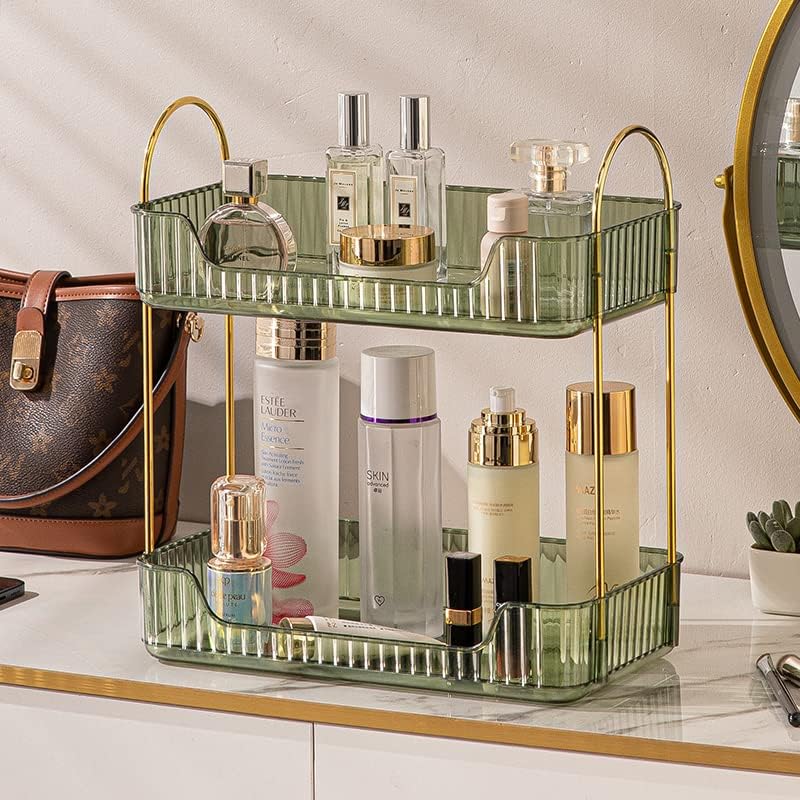 Bathroom Counter Organizer Countertop Storage, Cosmetics Skincare Shelf, Makeup Organizer Perfume for Dresser Vanity Tray, Spice Rack for Kitchen(2 Tier-Green)
