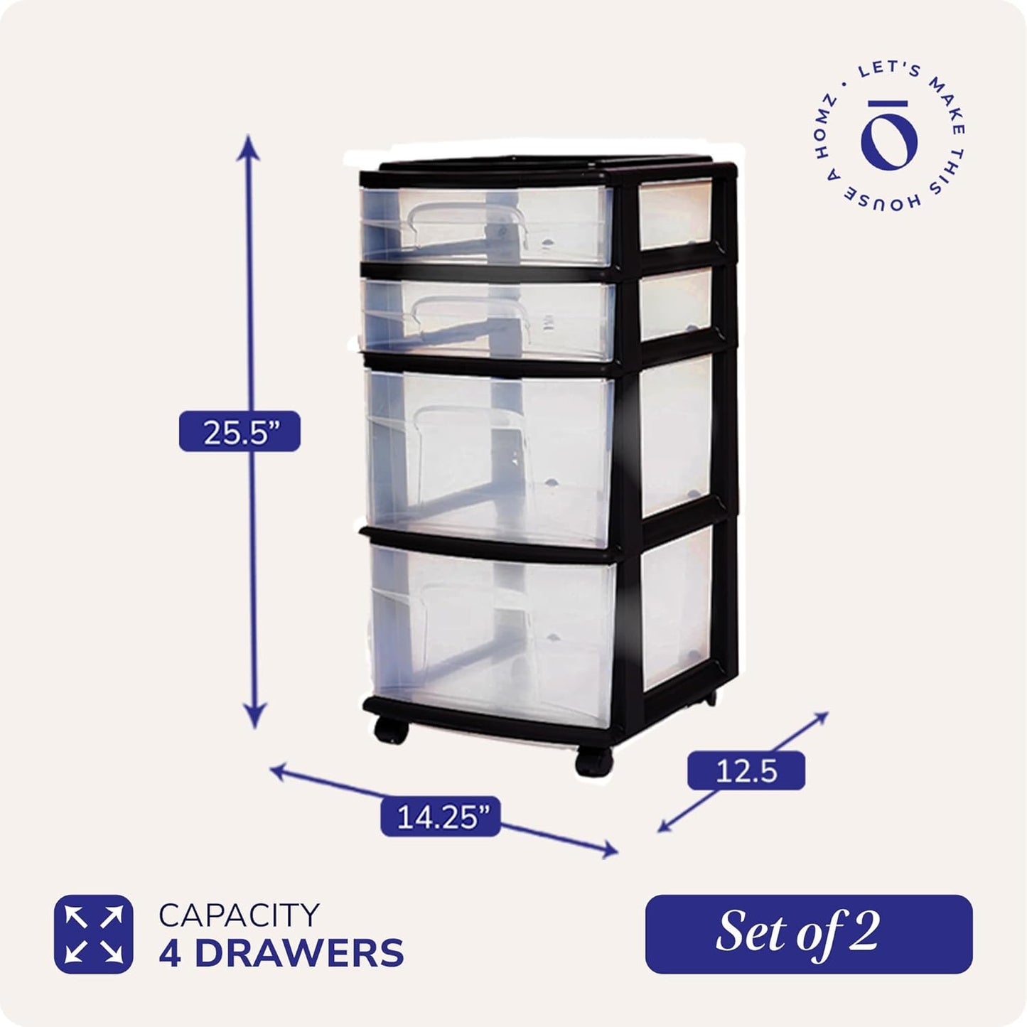HOMZ 2-Pack Drawer Tower, 4-Tier Clear Plastic Storage Organizer Cart, Black Frame - Organizing Containers with Wheels for Home, Bathroom, Bedroom, Office, and Classroom
