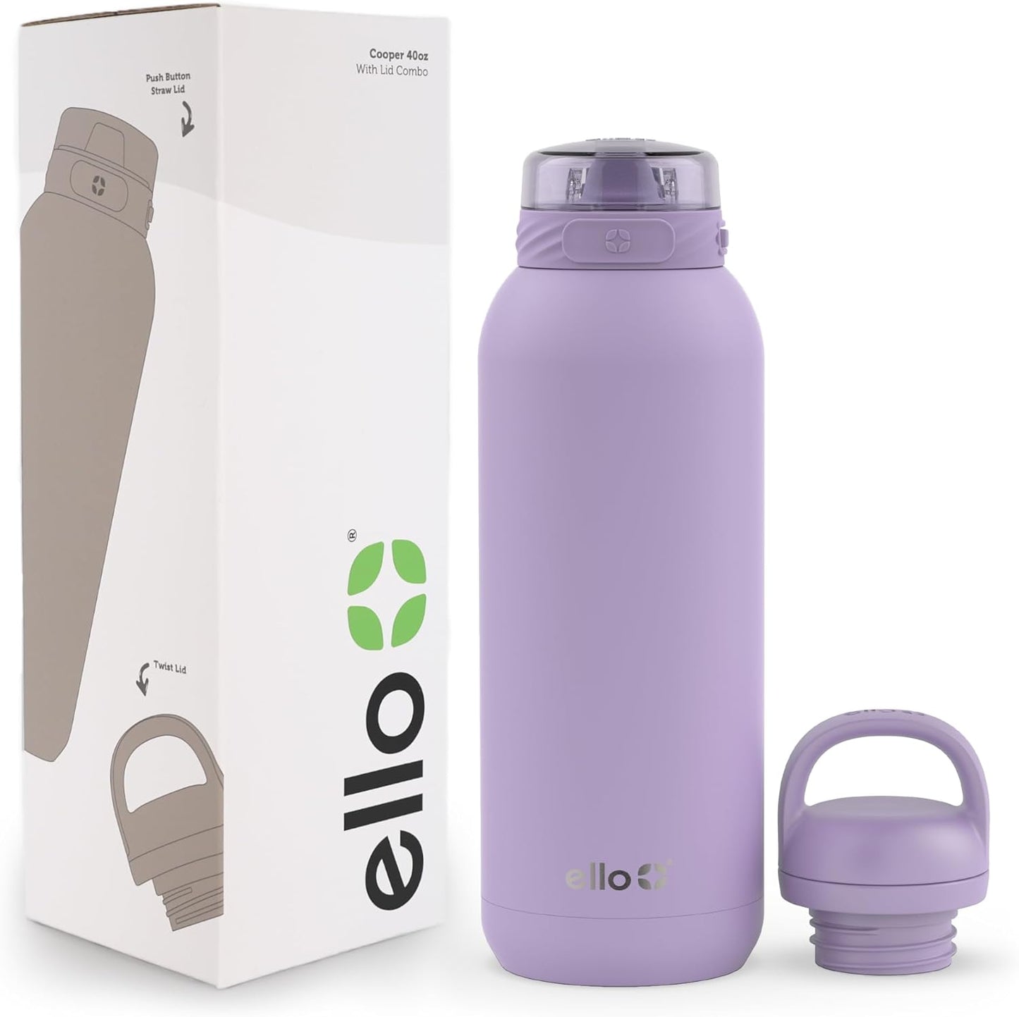 Ello Cooper 40oz Stainless Steel Water Bottle with 2 Lids Chug and Straw | Leak Proof | Double Walled and Vacuum Insulated | Built in Carry Loop | Dishwasher Safe | Lilac