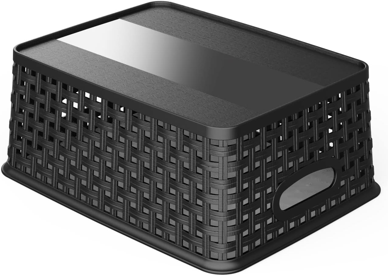 WYT 12-Pack Plastic Small Shelf Storage Weave Baskets for Organizing, Black