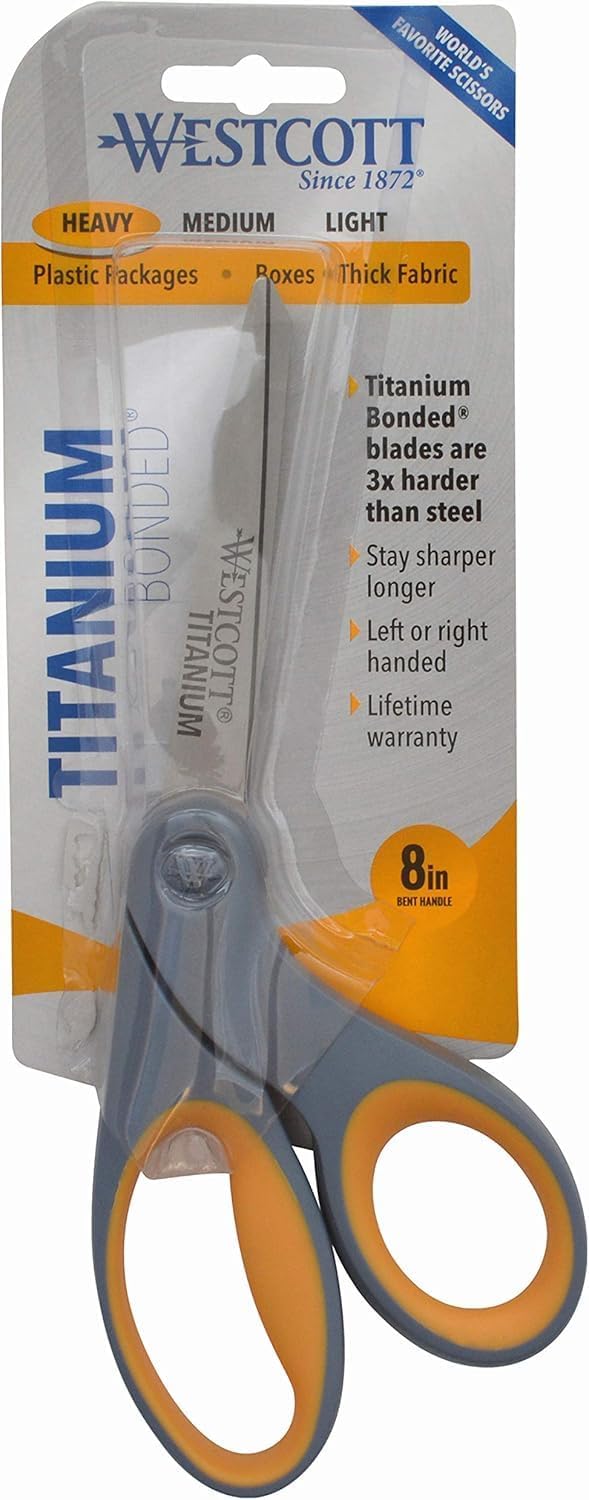 Westcott 8" Bent Craft Scissors with Titanium-Bonded Blades for Heavy-Duty Use (Yellow/Gray)