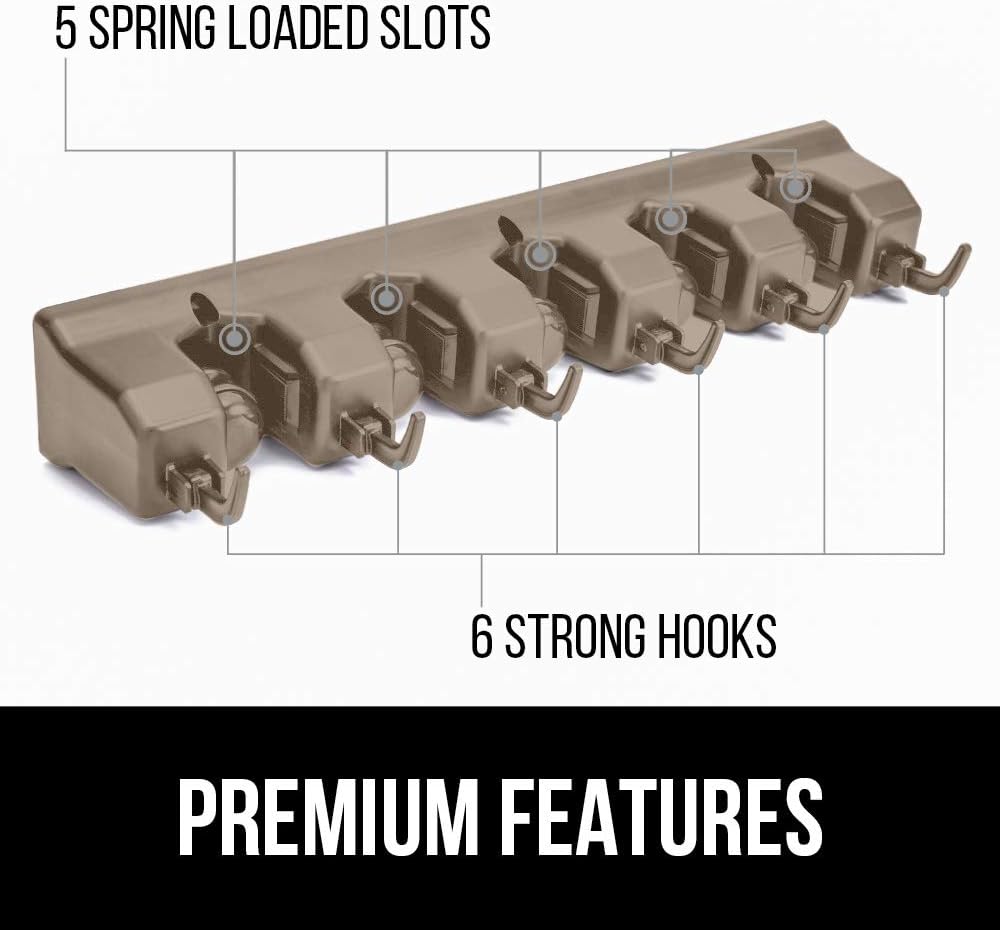 GORILLA GRIP Wall Mount Hook Fixture, Also Includes Slots to Hold Mop, Broom, Tools, Easy Install, Organize Cleaners, Tools, Home, Kitchen, Garage, 6 Hooks 5 Slots, Beige