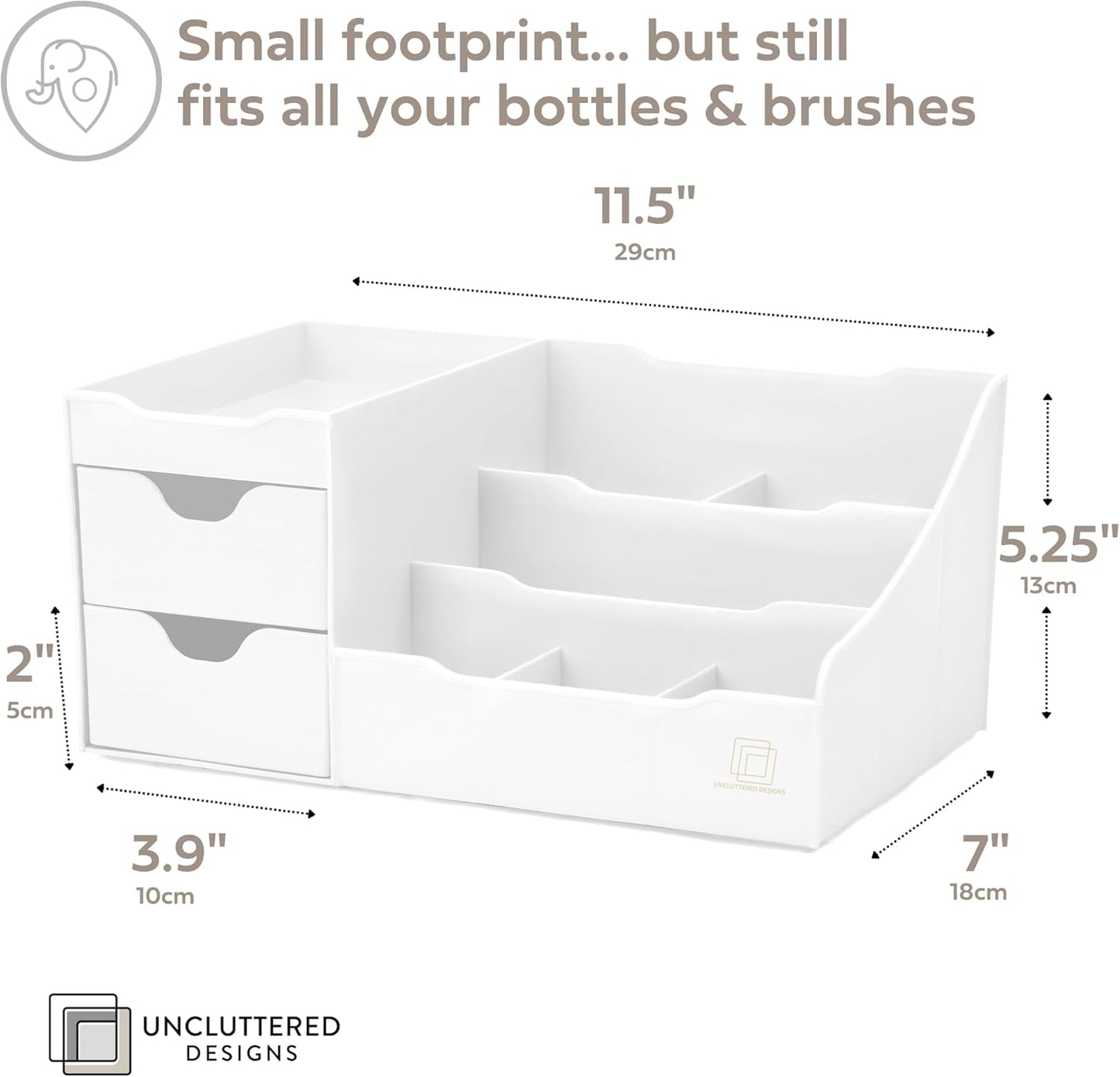 Uncluttered Designs Large Makeup Organizer for Vanity - Countertop Desk With Drawers for Cosmetic, Beauty, Hair, Nail, Perfume & Skincare - Perfect for Bathroom & Bedroom Storage (White)