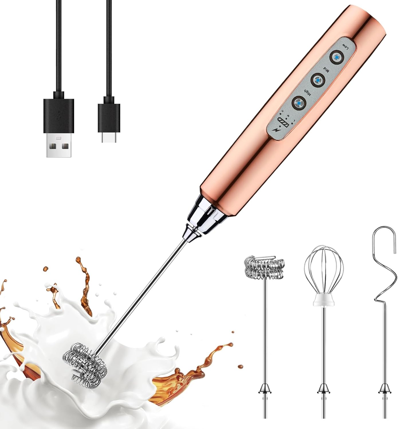 YUSWKO Rose Gold Handheld Milk Frother Wand for Coffee, Rechargeable Electric Whisk with 3 Heads 3 Speeds Drink Mixer Coffee Frother For Latte, Cappuccino, Hot Chocolate, Egg