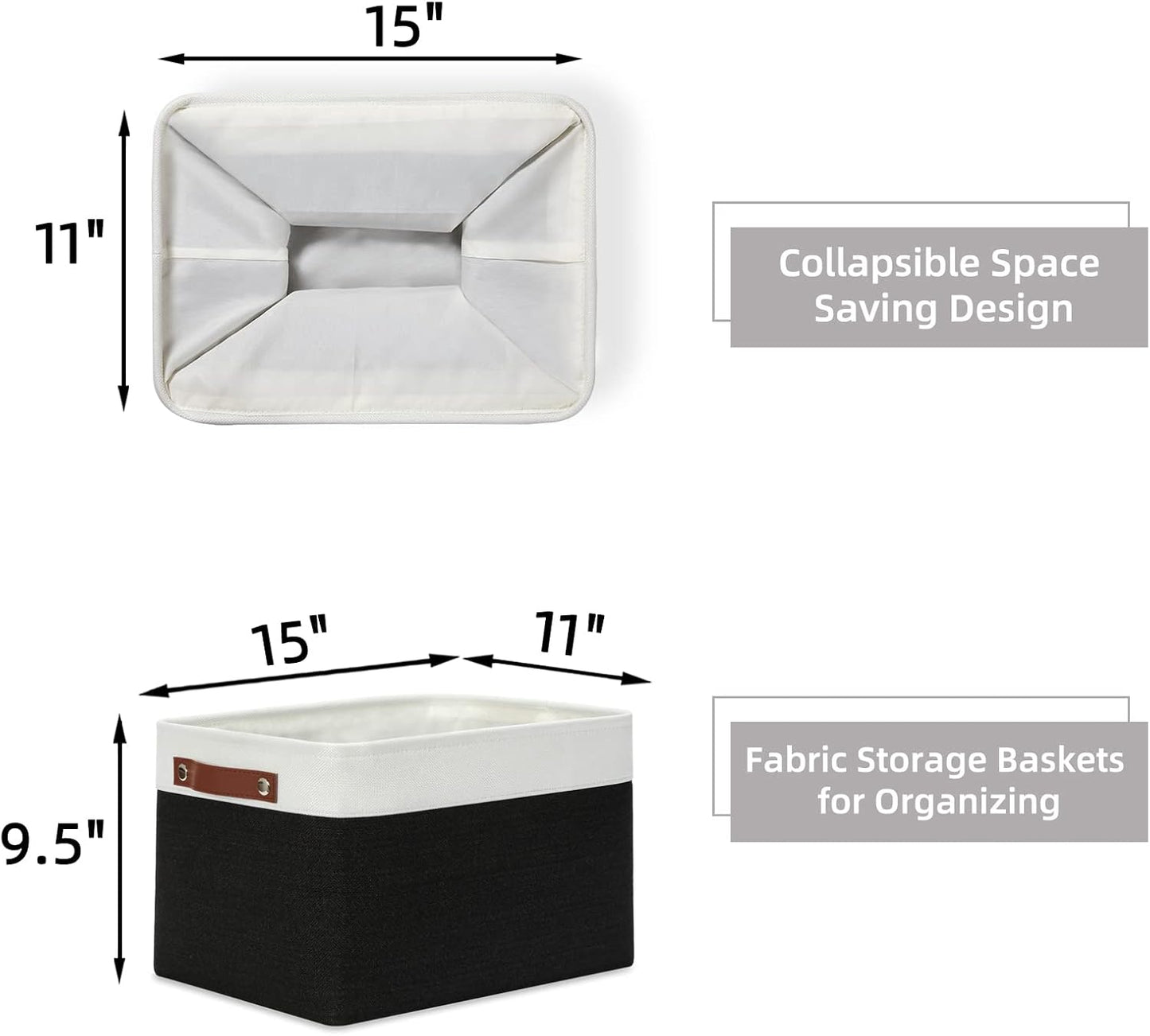 HNZIGE Large Storage Baskets (3 Pack) - Fabric Bins with Leather Handles, Foldable for Organizing Clothes, Toys (Black & White, 15" x 11" x 9.5")