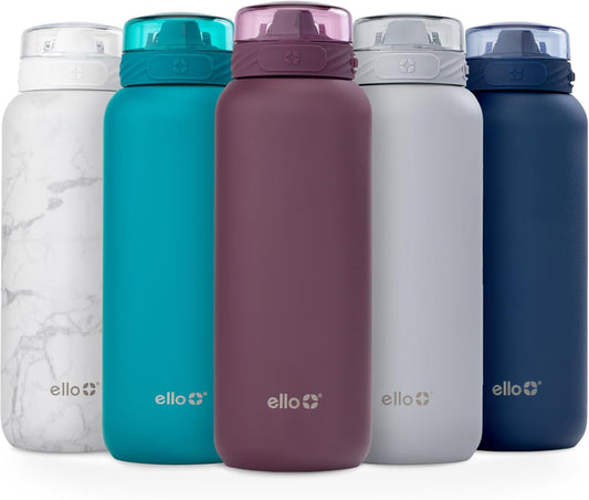 Ello Cooper 22oz Stainless Steel Water Bottle Vacuum Insulated with Straw and Carry Handle, Leak Proof Locking Lid with Soft Silicone Spout, Fits Car Cupholder, Dishwasher Safe, Figgy Pudding