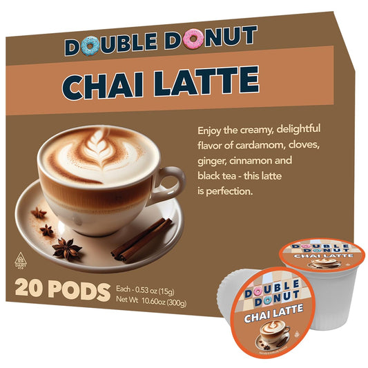 Double Donut Coffee Chai Latte Pods – Spiced & Creamy Chai Tea Latte – Notes of Cinnamon, Cardamom, Cloves & Ginger, Compatible with Keurig Brewers, 20 Count