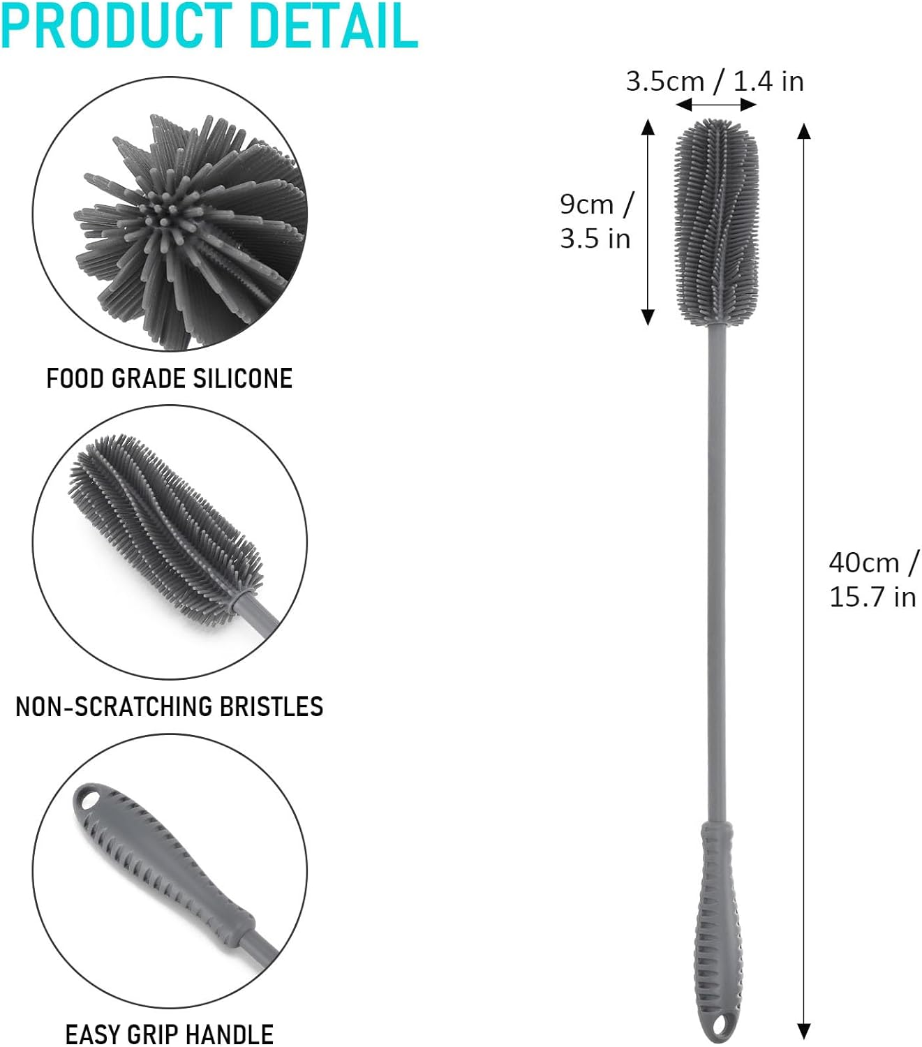 15.7" Silicone Bottle Brush, ddLUCK Water Bottle Cleaner Brush for Stanley, Hydroflasks, Glass, Thermos Sports Bottle, Vase and Glassware, Bottle Brush Cleaner for Small Narrow Neck Containers (Gray)