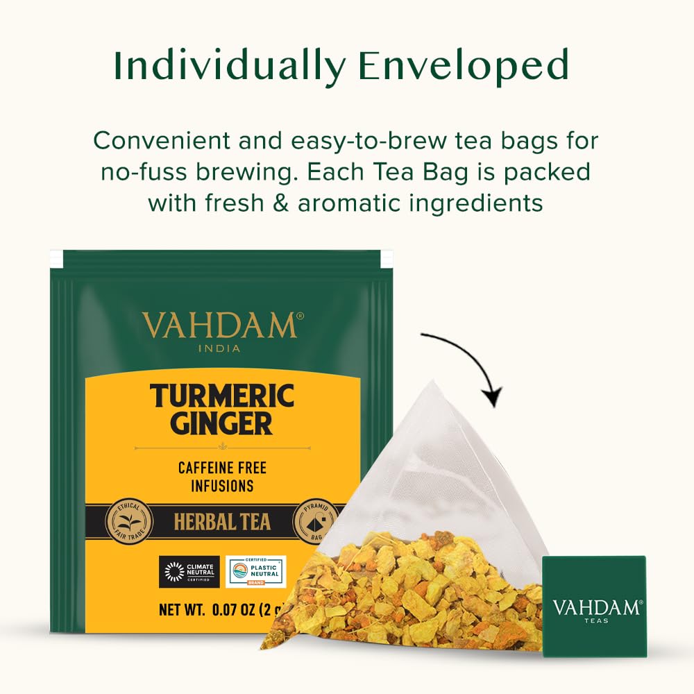 VAHDAM, Turmeric Ginger Herbal Tea Bags (30 Pyramid Tea Bags) Caffeine Free, Non GMO, Gluten Free | 100% Pure Herbal Blend - Savory & Spicy | Individually Wrapped Pyramid Tea Bags | Direct from Source