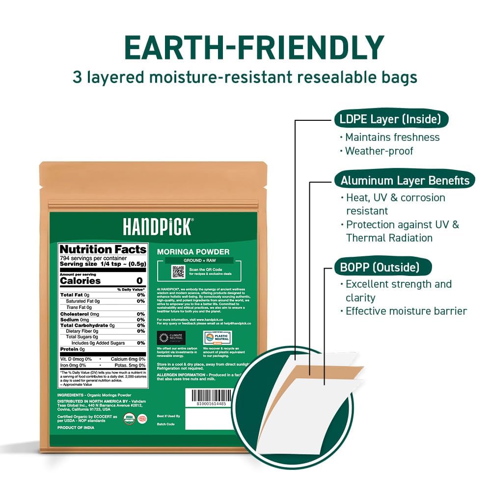 HANDPICK USDA Organic Moringa Powder (397g/14oz) Pure Moringa Oleifera Leaf Powder | Authentic Indian Origin | Gluten Free, Non-GMO | Perfect for Smoothies, Drinks, Tea & Recipes