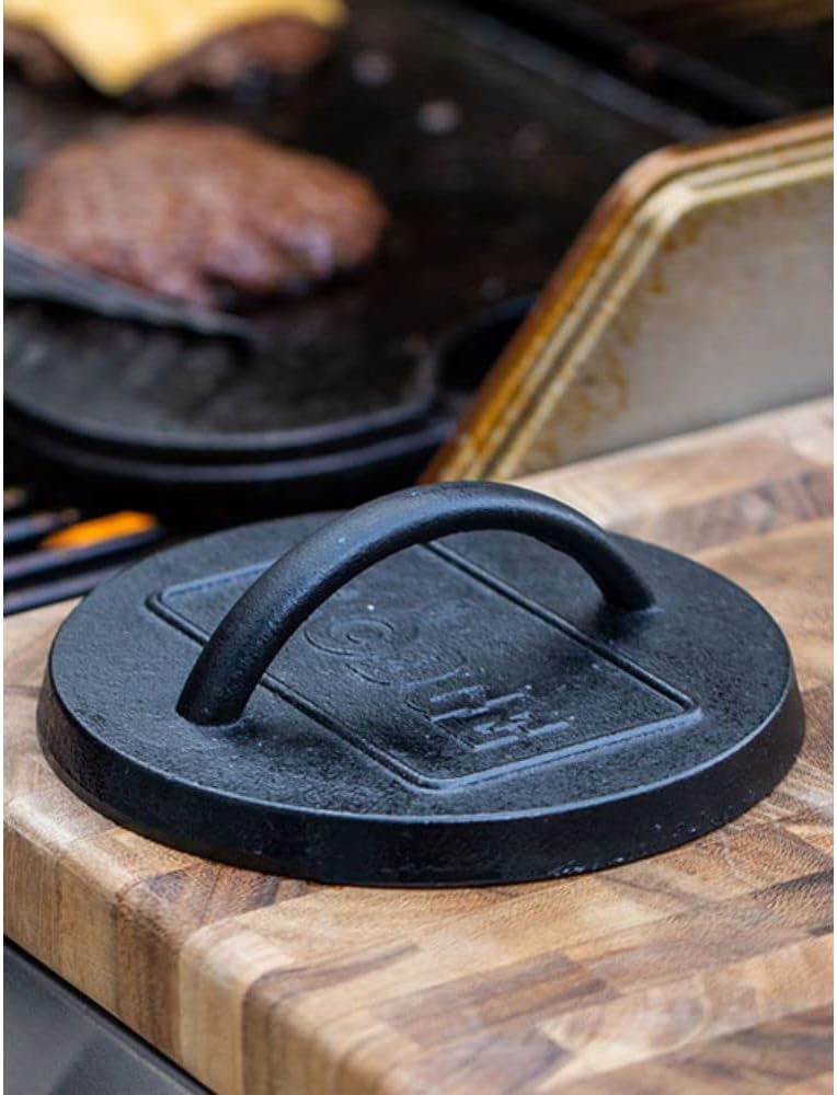 Lodge Pre-Seasoned Round Cast Iron Press - Cast Iron Griddle Press for a Restaurant-Quality Sear - Unparalleled Heat Retention - Use on the Stove or the Grill - 6.25 Inch