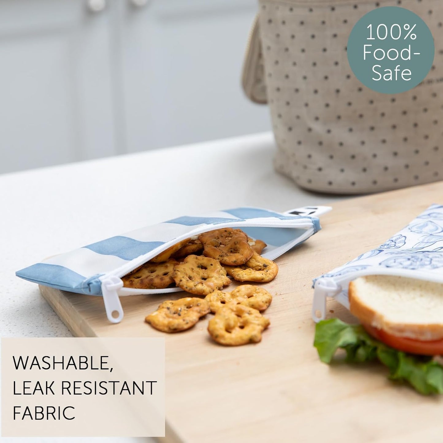 Roamio Reusable Snack Bags, for Kids School Lunch and for Adults Portion, Washable Fabric, Waterproof Cloth Zip Bag, Supplies Pack Travel Pouch, Food-Safe Storage, 2-pk Nautical Stripe and Blue Shells