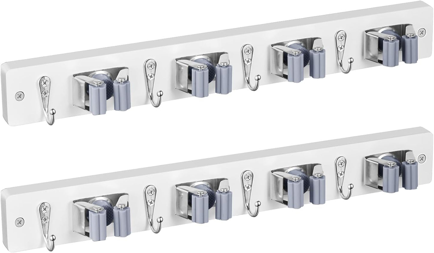 2 Pack Mop Broom Holder Wall Mount - White Wood Broom Mop Hanger - Wall Mounted Garden Tool Rack Organizer for Closet Garage Laundry Room, 4 Slots & 4 Hooks