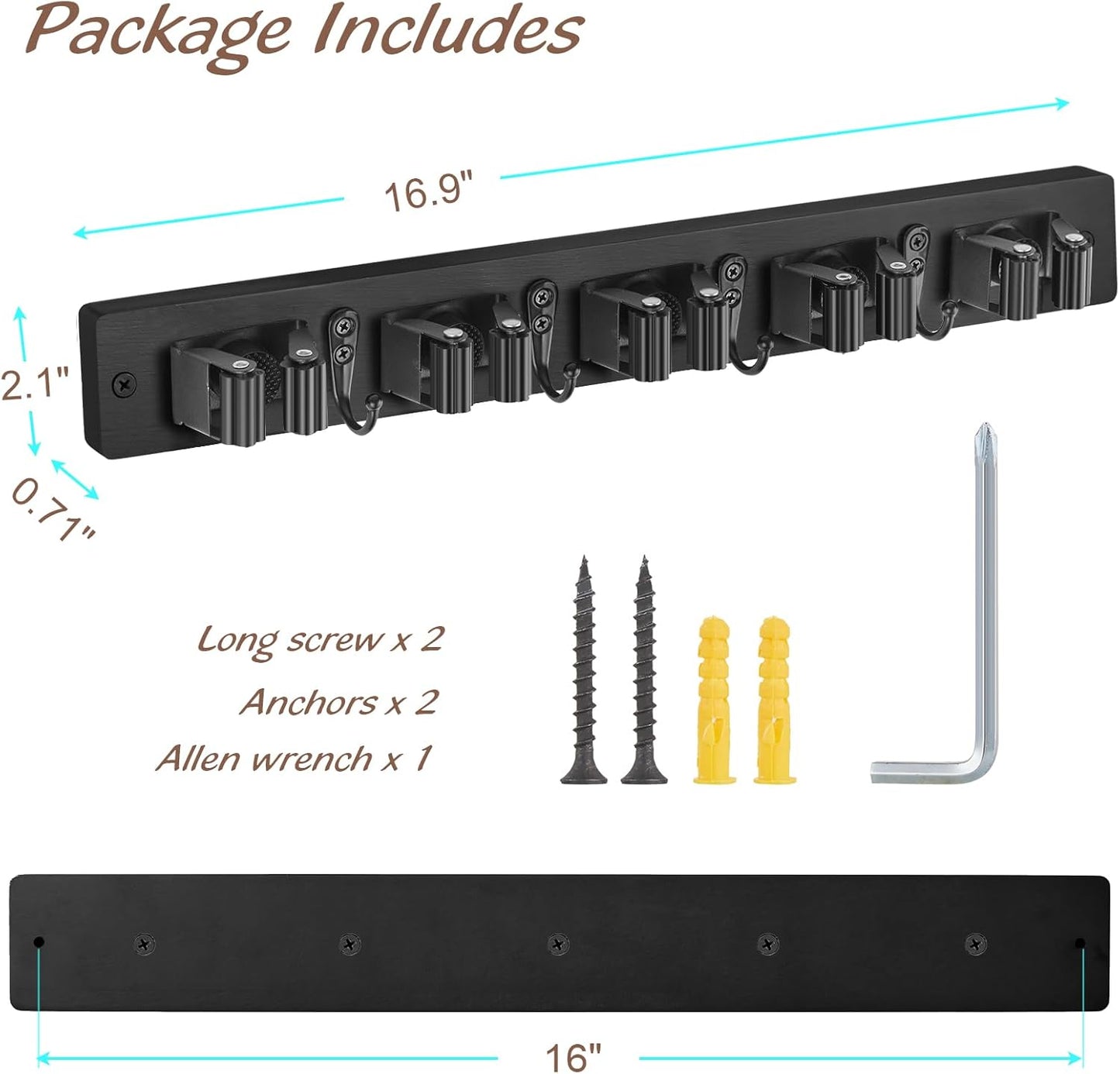 Mop and Broom Holder Wall Mount - Black Broom Mop Hanger - Wall Mounted Garden Tool Rack Organizer for Closet Garage Laundry Room Kitchen Decor With 5 Slots & 4 Hooks