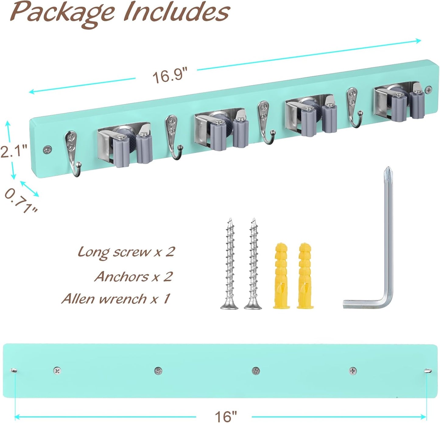 Turquoise Mop Broom Holder Wall Mount with 4 Slots & 4 Hooks - Wood Broom Mop Hanger for Pantry Closet Laundry Room Organization - for Teal Kitchen Decor and Accessories