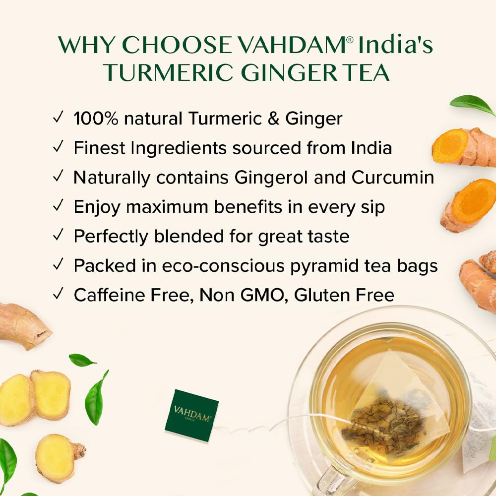 VAHDAM, Organic Turmeric Ginger Herbal Tea Bags (100 Pyramid Tea Bags) Caffeine Free, Non GMO | 100% Pure Herbal Blend - Savory & Spicy, Plant-Based Teabags | Resealable Ziplock Pouch