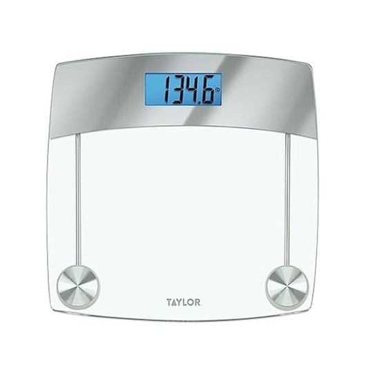 Taylor Digital Scales for Body Weight, Extra Highly Accurate 440 LB Capacity, Unique Blue LCD, Stainless Steel Accents GlassPlatform, 12.4 x 12.4 Inches, Clear