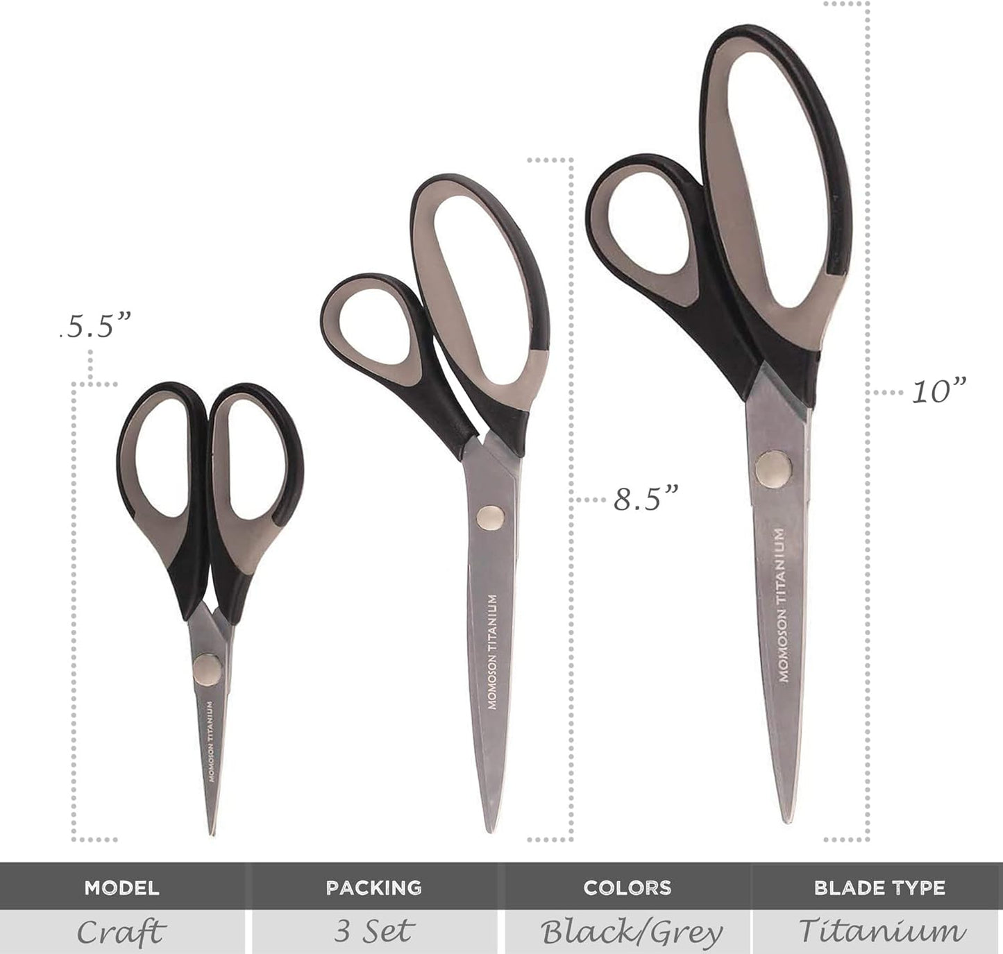 BambooMN Titanium Softgrip Scissors Set for Sewing, Arts, Crafts, Office - 30 Sets of 3 - Black w/Dark Grey Inlays